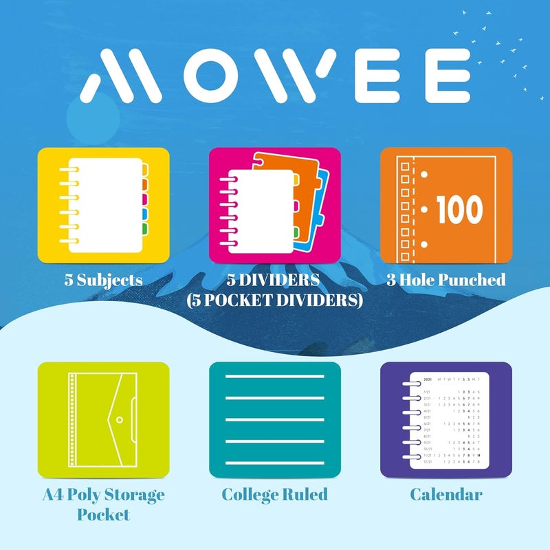 MOWEE Spiral Notebook - 5 Subject Notebook, College Ruled Notebook With Dividers Pocket, Tabs Label (5PackBlack) - Image 5